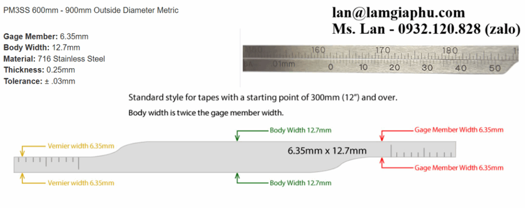 Thông số PI TAPE PM3SS 600mm - 900mm Outside Diameter Metric